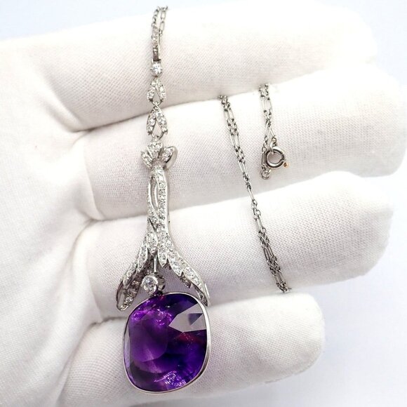 Vintage Estate Platinum Diamond Large Amethyst Art Deco Necklace - Picture 10 of 16